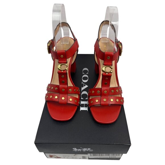 COACH Margaret Sandals Block Heel Strappy Womens 6 Red Leather Gold Accents Logo - Picture 1 of 16